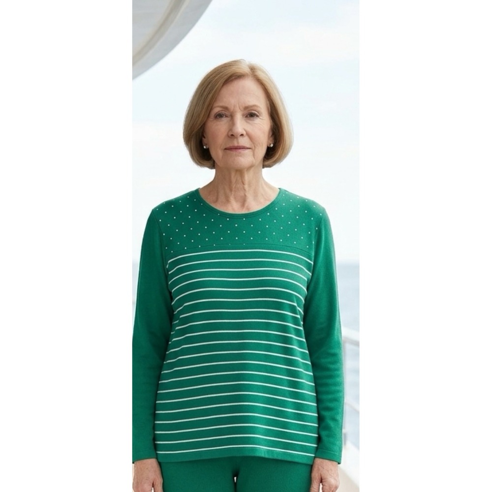 Kim Rogers Perfectly Soft Womens 1X Green Polka Dot Stripe 3/4 Sleeve Top